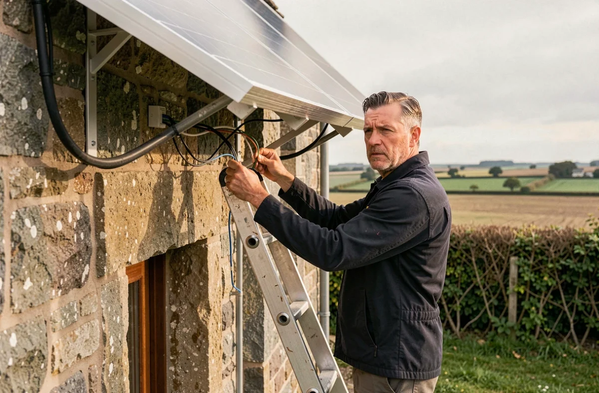 Installateur solaire certifié QualiPV Abalam Samuel Cavan connectant le câblage d'un panneau solaire sur une maison en pierre des Côtes-d'Armor