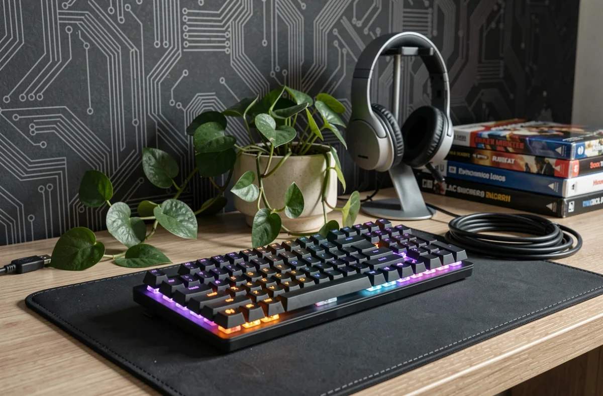 Gros plan sur les accessoires gaming d'un bureau aménagé avec clavier mécanique RGB, plante verte et papier peint adhésif circuit imprimé