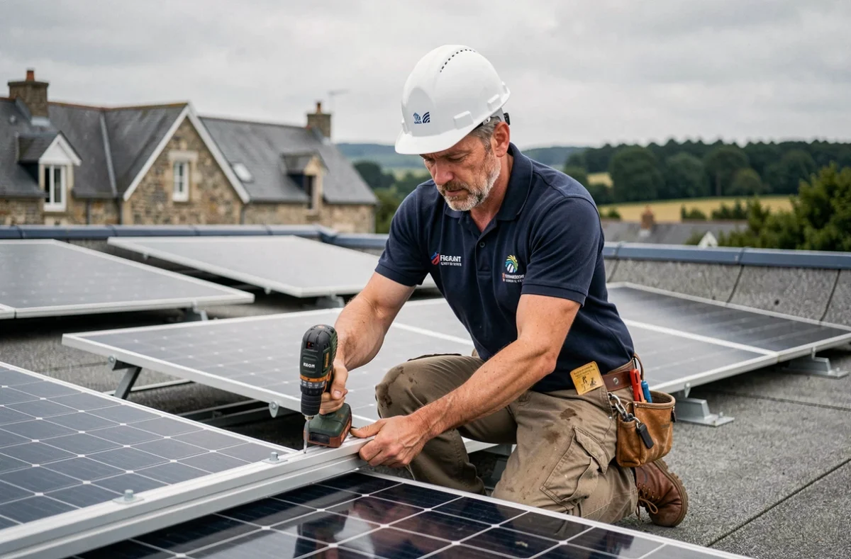 Technicien solaire certifié RGE d'AEL Hennebont fixant un panneau photovoltaïque sur un toit résidentiel dans le Morbihan