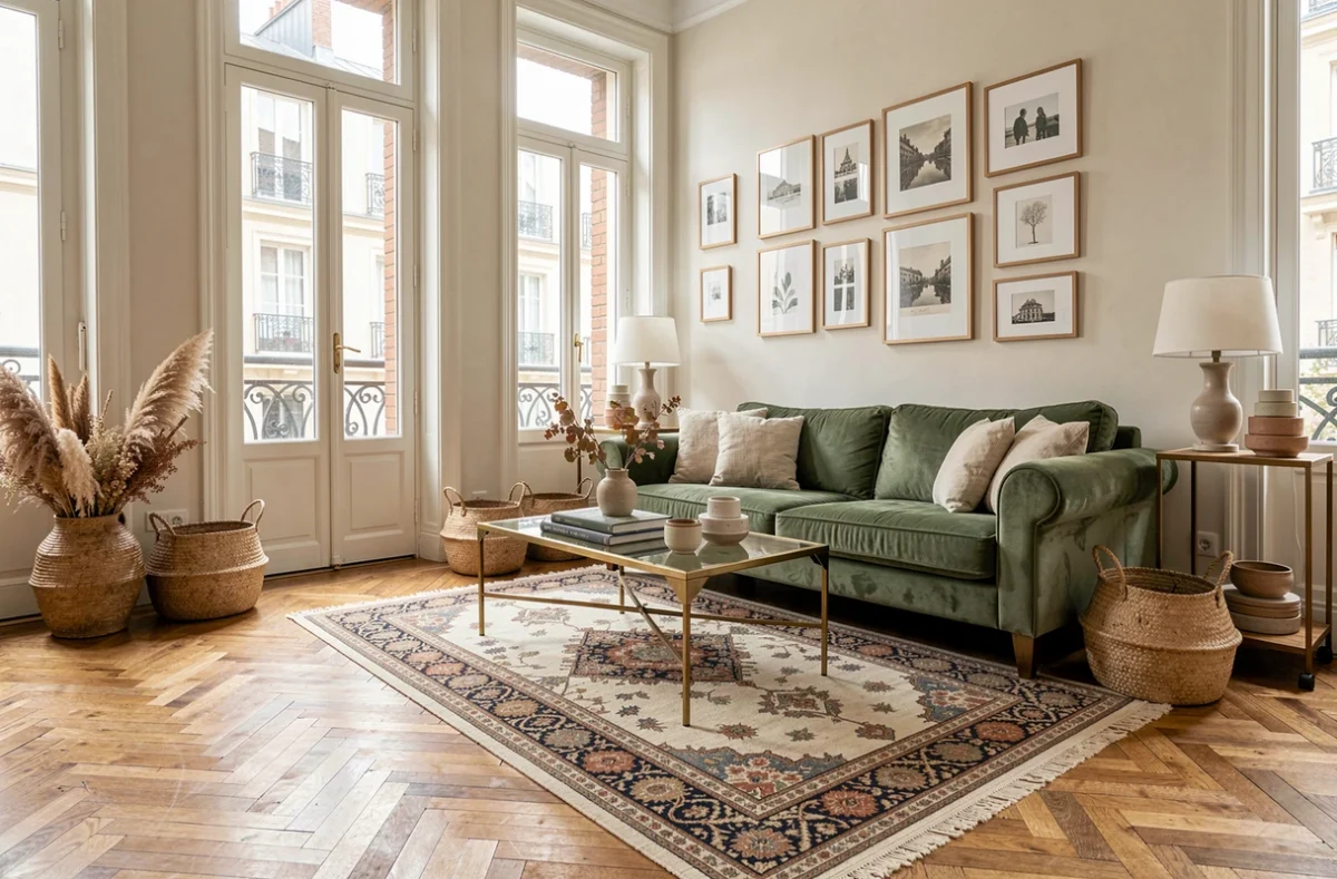 Salon cosy décoré par l'Agence Cocoon avec canapé velours vert sauge, tapis persan et mur de cadres dans un appartement montpelliérain