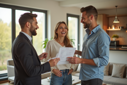 Agent immobilier souriant remettant un certificat énergie à un couple dans un salon lumineux