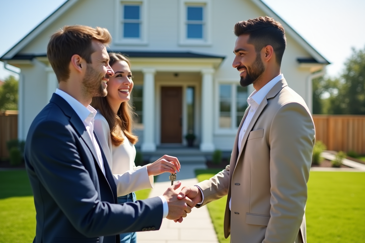 Agent immobilier souriant avec un jeune couple devant une maison moderne