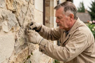 Maçon posant une agrafe métallique pour fissure sur un mur en pierre extérieur d'une maison ancienne
