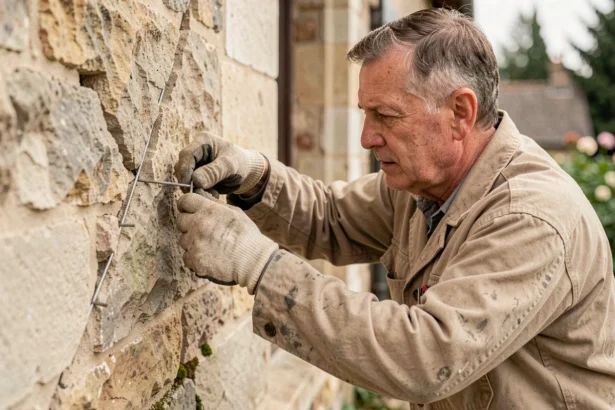 Maçon posant une agrafe métallique pour fissure sur un mur en pierre extérieur d'une maison ancienne
