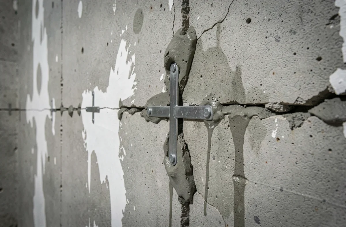 Gros plan d'une agrafe en acier inoxydable fixée sur une fissure structurelle dans un mur intérieur humide