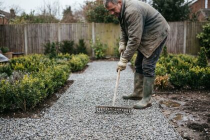 Homme râtelant une allée en gravier concassé gris dans un jardin pour éviter la boue