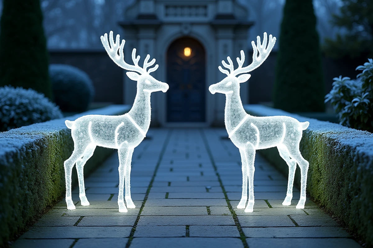 Allée de jardin décorée de deux rennes lumineux LED symétriques face à face sur un chemin givré entouré de buis taillés