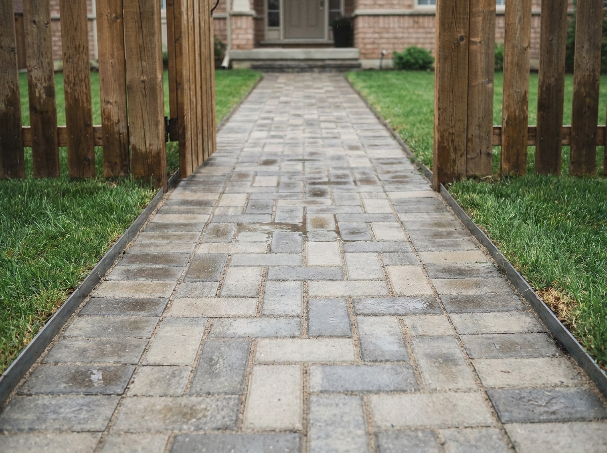Allée pavée perméable en pavés autobloquants avec drainage naturel après la pluie