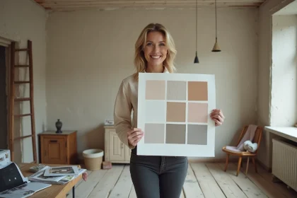 Femme consultant un moodboard de décoration intérieure dans un salon en cours de rénovation