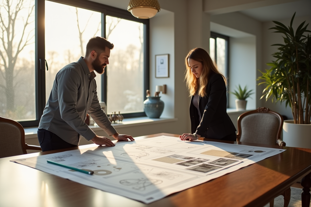 Architecte et client discutant plans d interieur lumineux