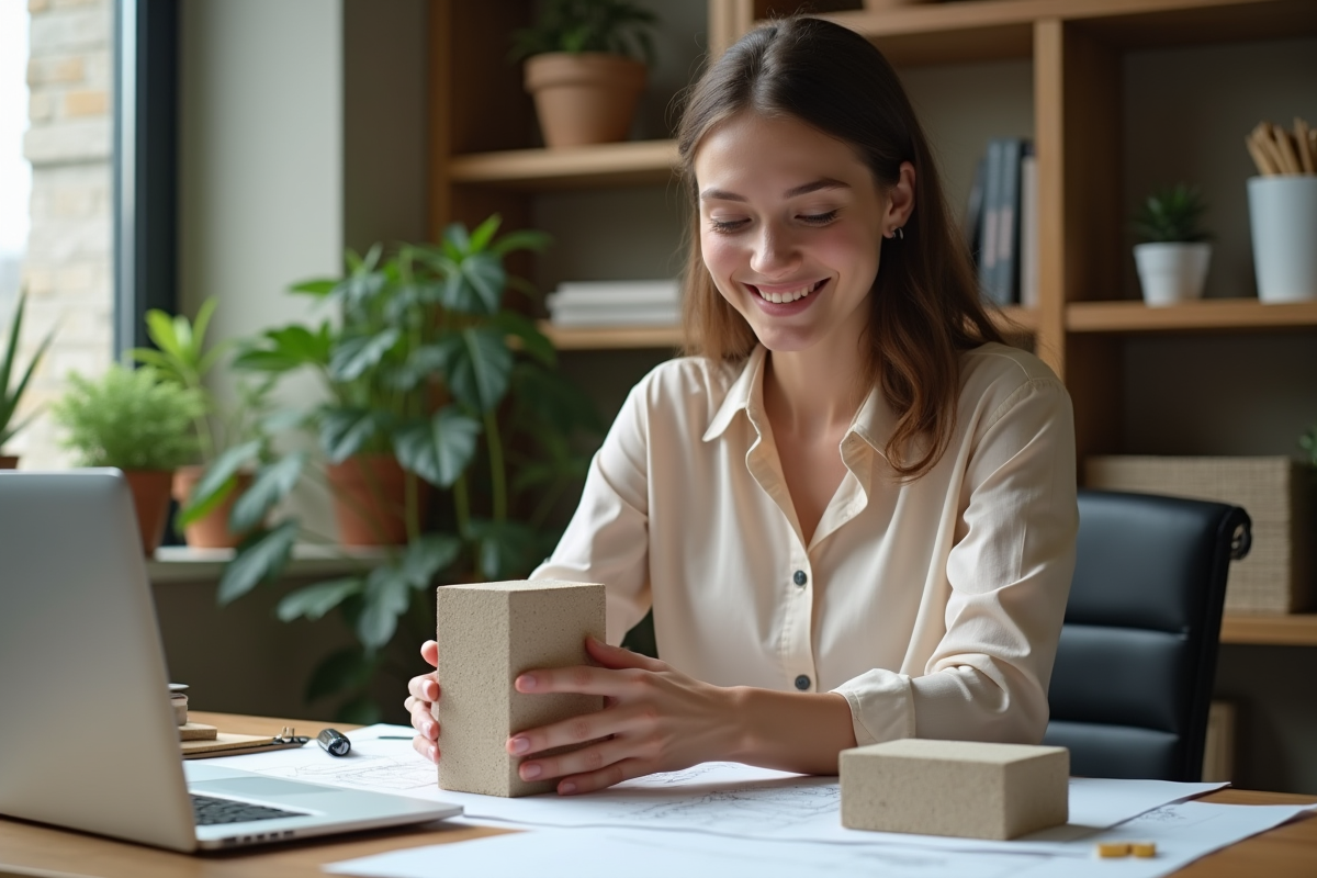 Jeune architecte tenant un bloc de hempcrete dans un bureau