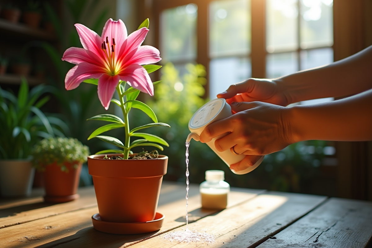 Mains arrosant délicatement un lys rose dans un pot en terre cuite