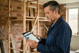Artisan du bâtiment consultant les avis clients sur une tablette numérique sur un chantier de rénovation