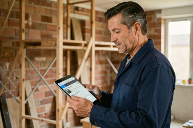 Artisan du bâtiment consultant les avis clients sur une tablette numérique sur un chantier de rénovation