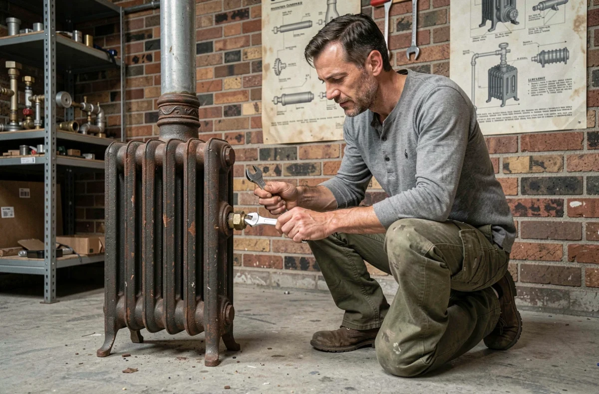 Artisan inspectant un radiateur en fonte d'occasion dans un atelier de plomberie chauffage