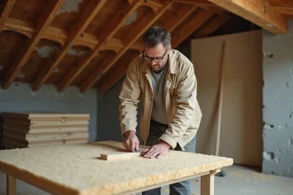 Artisan mesurant un panneau isolant en fibre de bois Homatherm dans un espace de combles en rénovation