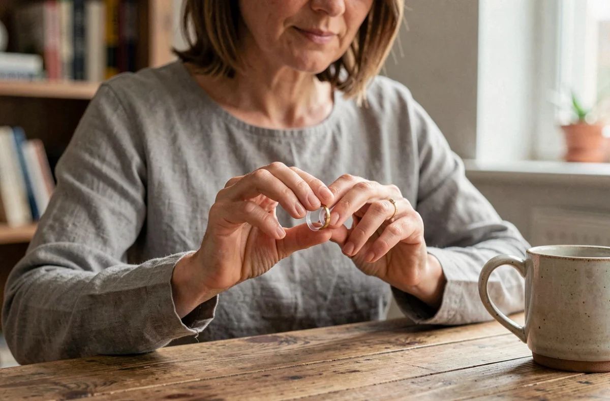 Femme appliquant un ajusteur de bague transparent à l'intérieur d'une bague en or à la maison