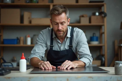 Homme en atelier posant un panneau plastique sur m&eacute;tal