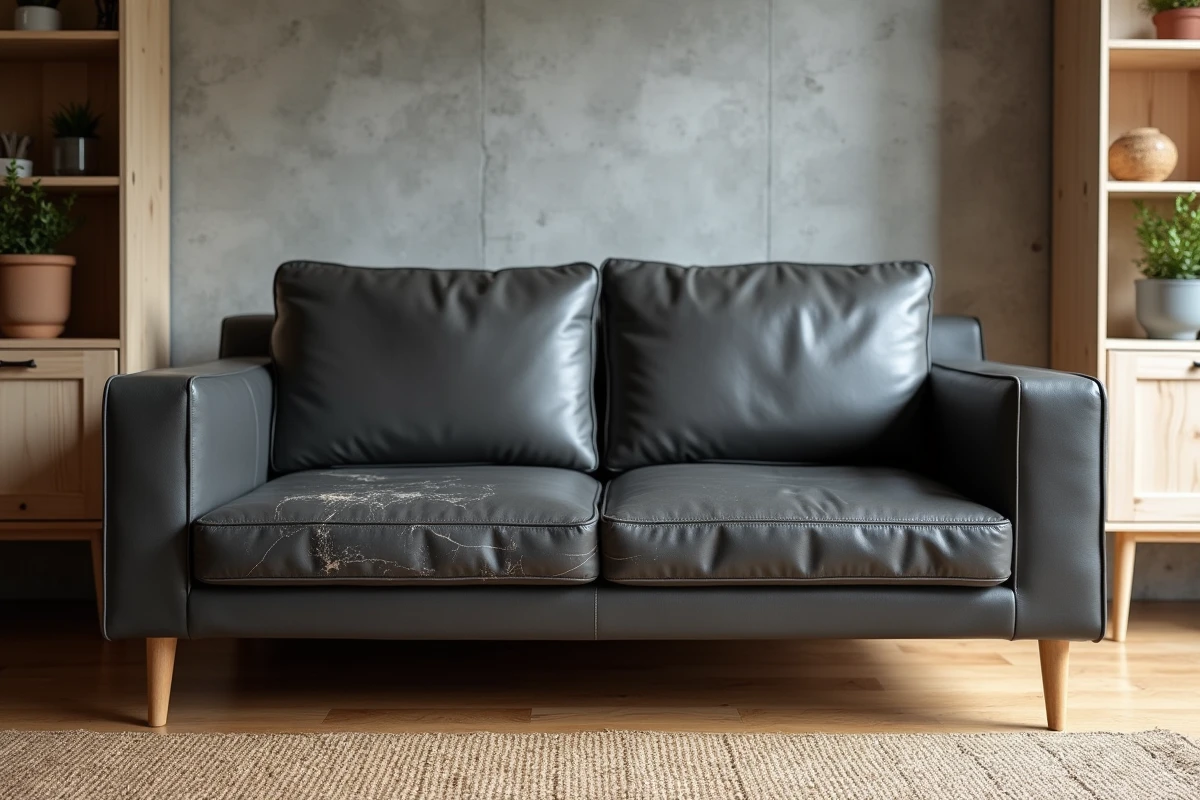 Canapé en cuir gris anthracite montrant le contraste entre une section usée et une section rénovée dans un intérieur scandinave