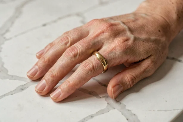 Bague en or qui tourne sur le doigt d'une femme posée sur un plan de travail en marbre blanc