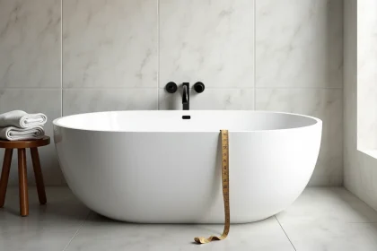 Baignoire autoportante ovale en acrylique blanc avec mètre ruban posé sur le rebord dans une salle de bain minimaliste en carrelage gris