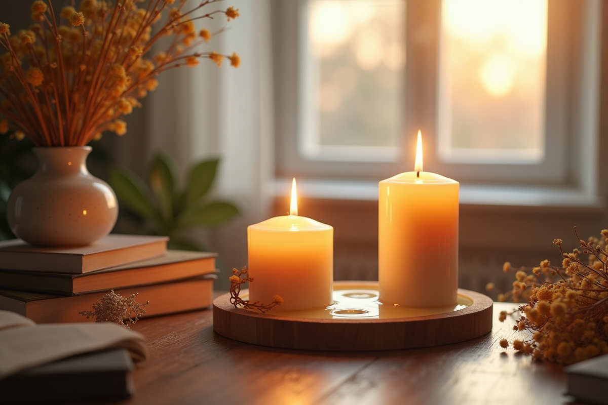 Bougie parfumée en train de brûler sur une table en bois avec fleurs et livres