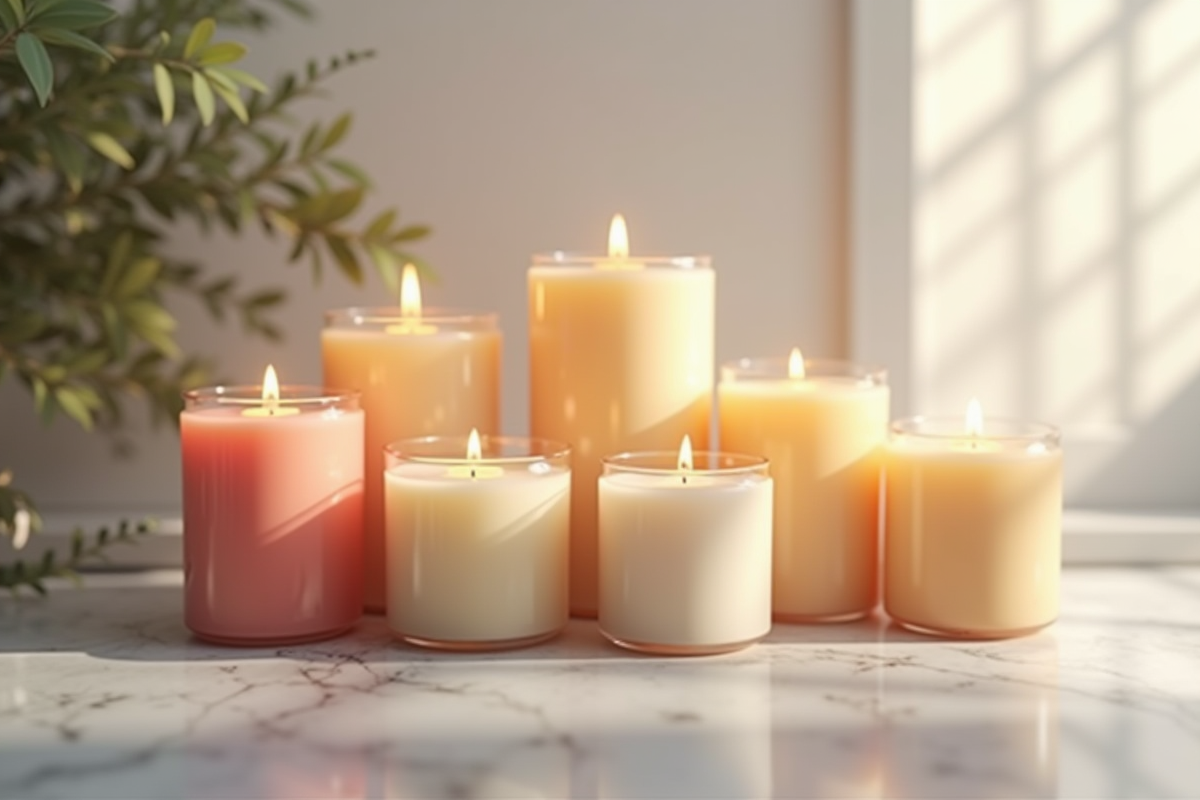 Collection de bougies parfumées non allumées sur un plan en marbre