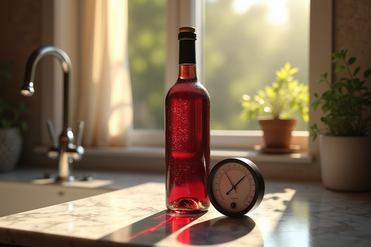 Bouteille de vin rouge fraîche sur comptoir en marbre avec thermomètre