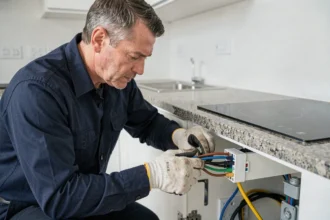 Électricien connectant 4 fils électriques au bornier d'une plaque induction dans une cuisine moderne