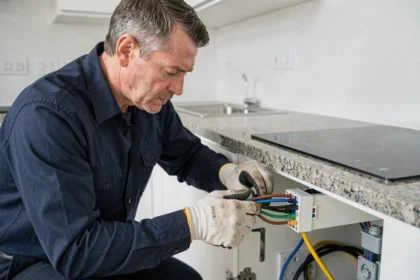 Électricien connectant 4 fils électriques au bornier d'une plaque induction dans une cuisine moderne