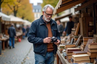 Homme d'âge moyen avec appareil photo vintage à la brocante