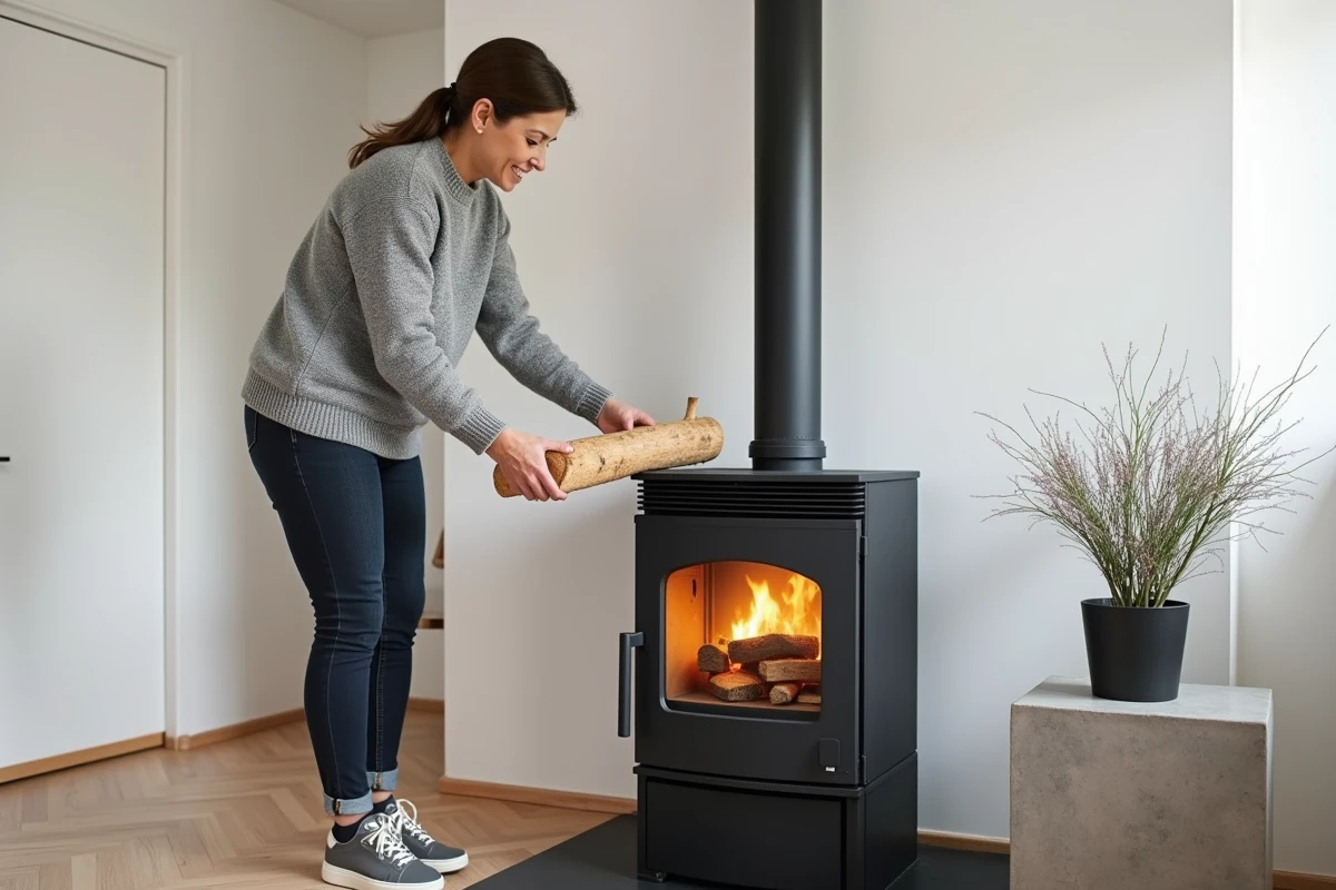 Femme introduisant une bûche de ramonage dans un poêle à insert moderne dans un salon épuré de style scandinave