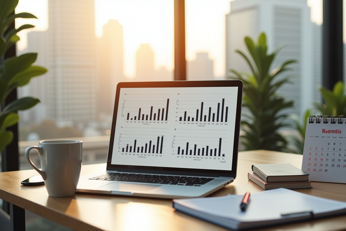 Intérieur lumineux d un bureau avec ordinateur et graphique immobilier