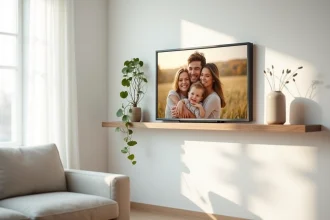 Cadre photo numérique design intégré dans un salon minimaliste scandinave avec déco murale moderne