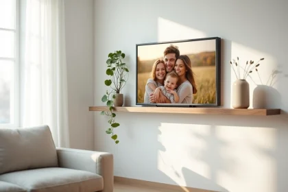 Cadre photo numérique design intégré dans un salon minimaliste scandinave avec déco murale moderne