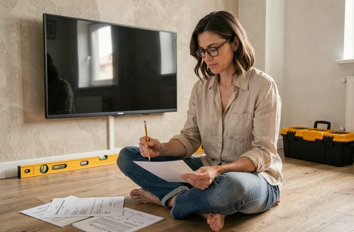 Femme consultant un guide de calcul de charge pour la fixation d'une TV sur un mur en placo dans un appartement