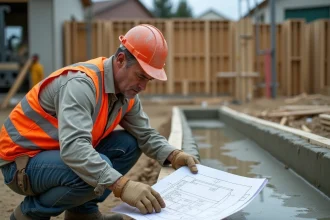 Ouvrier du bâtiment qui calcule le volume de béton nécessaire sur un chantier de fondation résidentiel