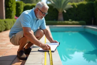 Homme mesurant les dimensions d'une piscine extérieure pour calculer le volume d'eau avec précision
