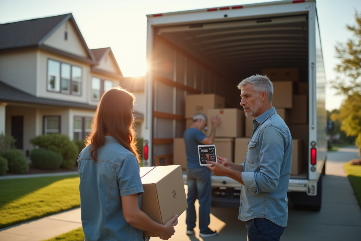 Camion de déménagement devant une maison avec déménageurs