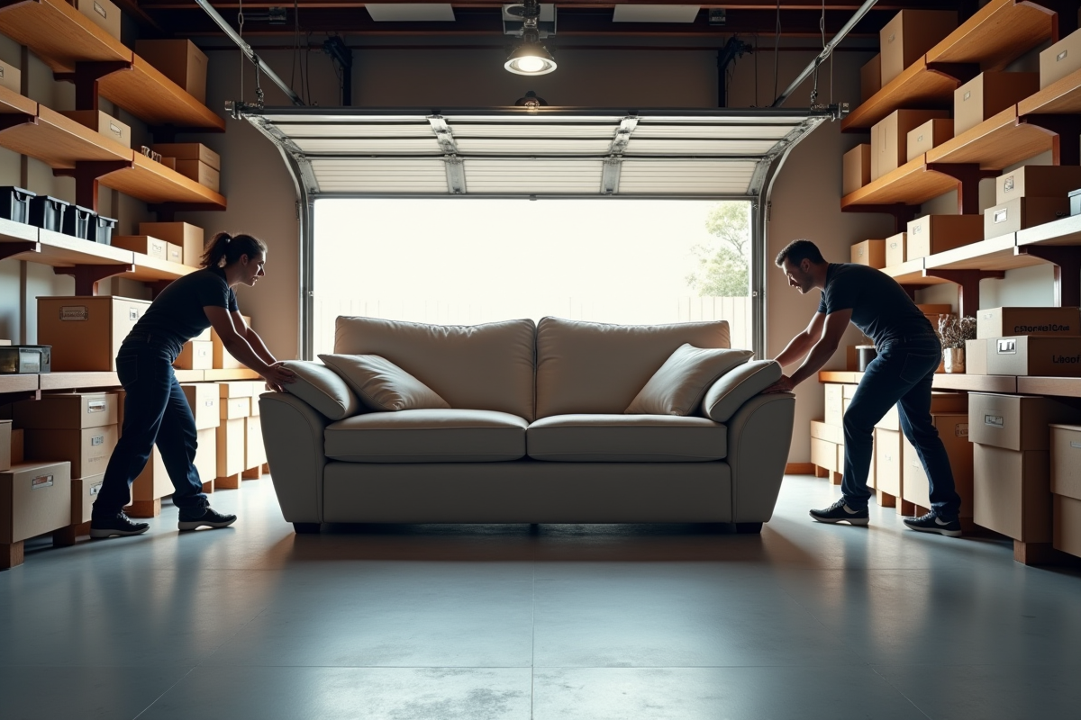 Canapé moderne déplacé dans un garage organisé et lumineux