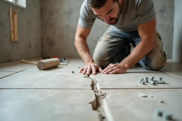 Artisan carreleur inspectant un joint de dilatation fissuré sur un sol en carrelage lors d'une rénovation salle de bain