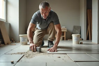 Carreleur professionnel posant du carrelage grand format dans une salle de bain en cours de rénovation