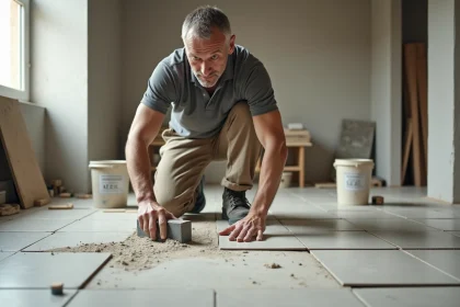 Carreleur professionnel posant du carrelage grand format dans une salle de bain en cours de rénovation