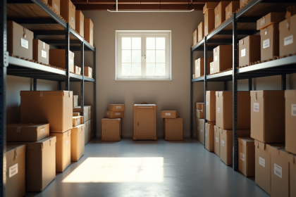 Sous-sol organisé avec étagères et boîtes étiquetées pour stockage