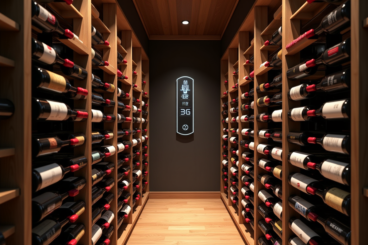 Cave à vin moderne avec étagères en bois et thermomètre digital