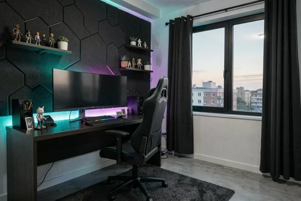 Chambre gaming décorative et immersive aménagée dans un petit espace sans travaux avec bureau, écran incurvé et panneaux acoustiques hexagonaux