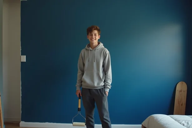 Adolescent devant un mur peint en bleu marine dans une chambre garçon ado en cours de transformation sans travaux lourds