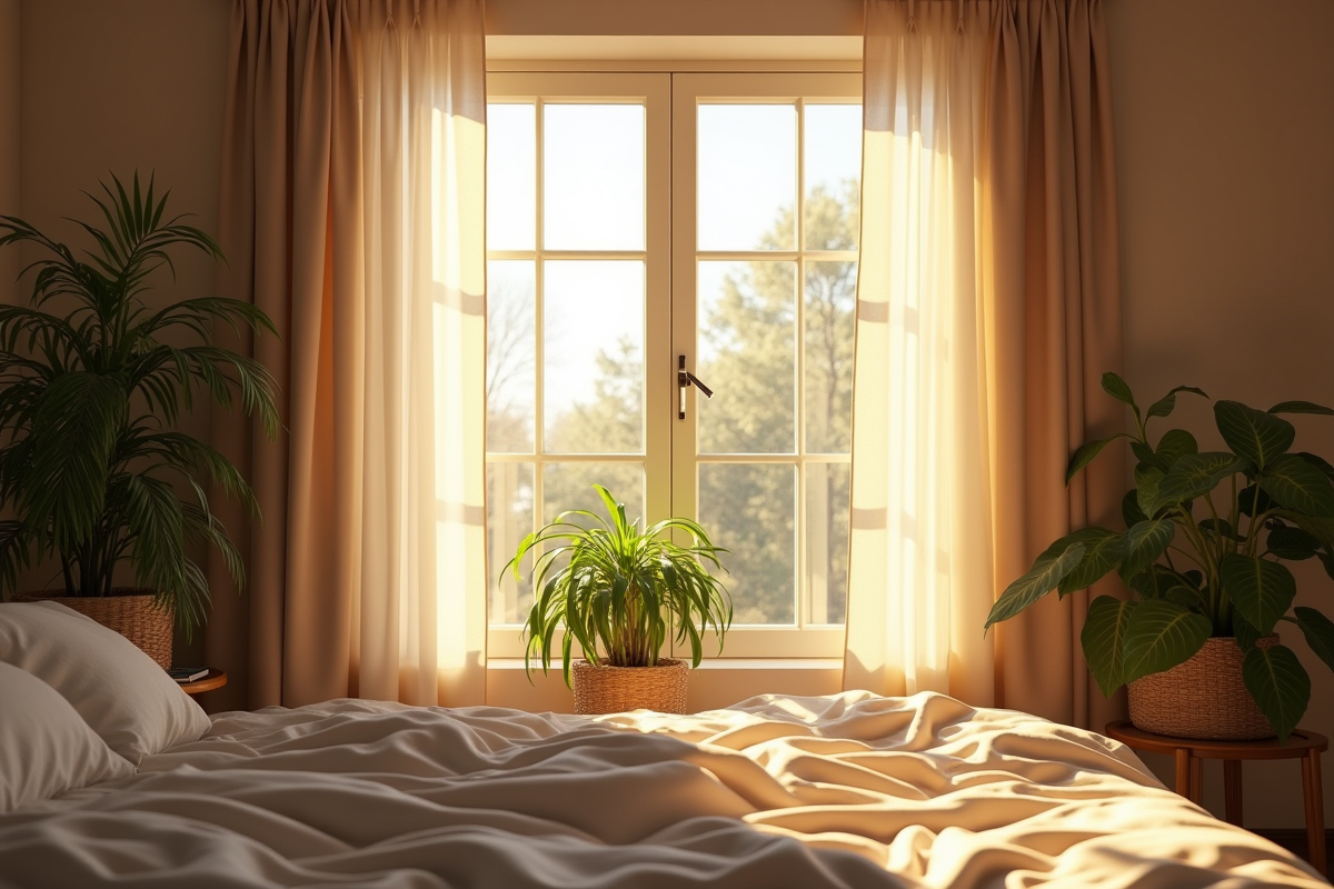 Chambre lumineuse avec rideaux contrastes et plantes vertes