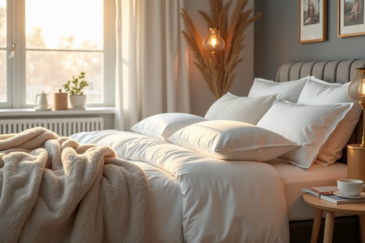 Chambre moderne lumineuse avec lit douillet et ambiance chaleureuse