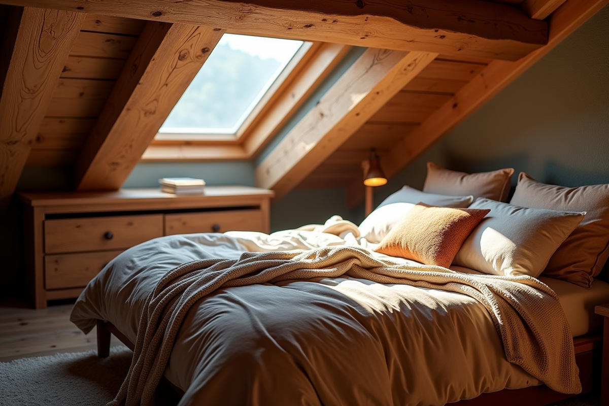 Chambre en attique rustique avec lumière naturelle et ambiance cosy